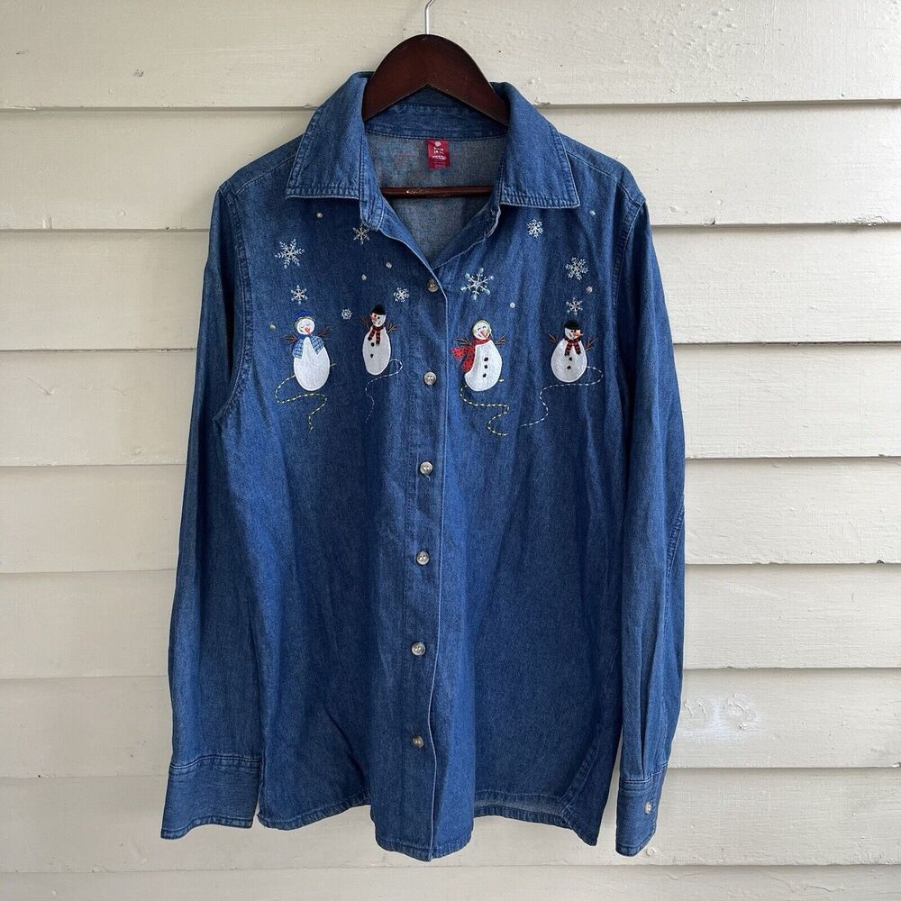 Holiday Party Ugly Christmas Denim Snowmen Grandmacore Button Up- Small